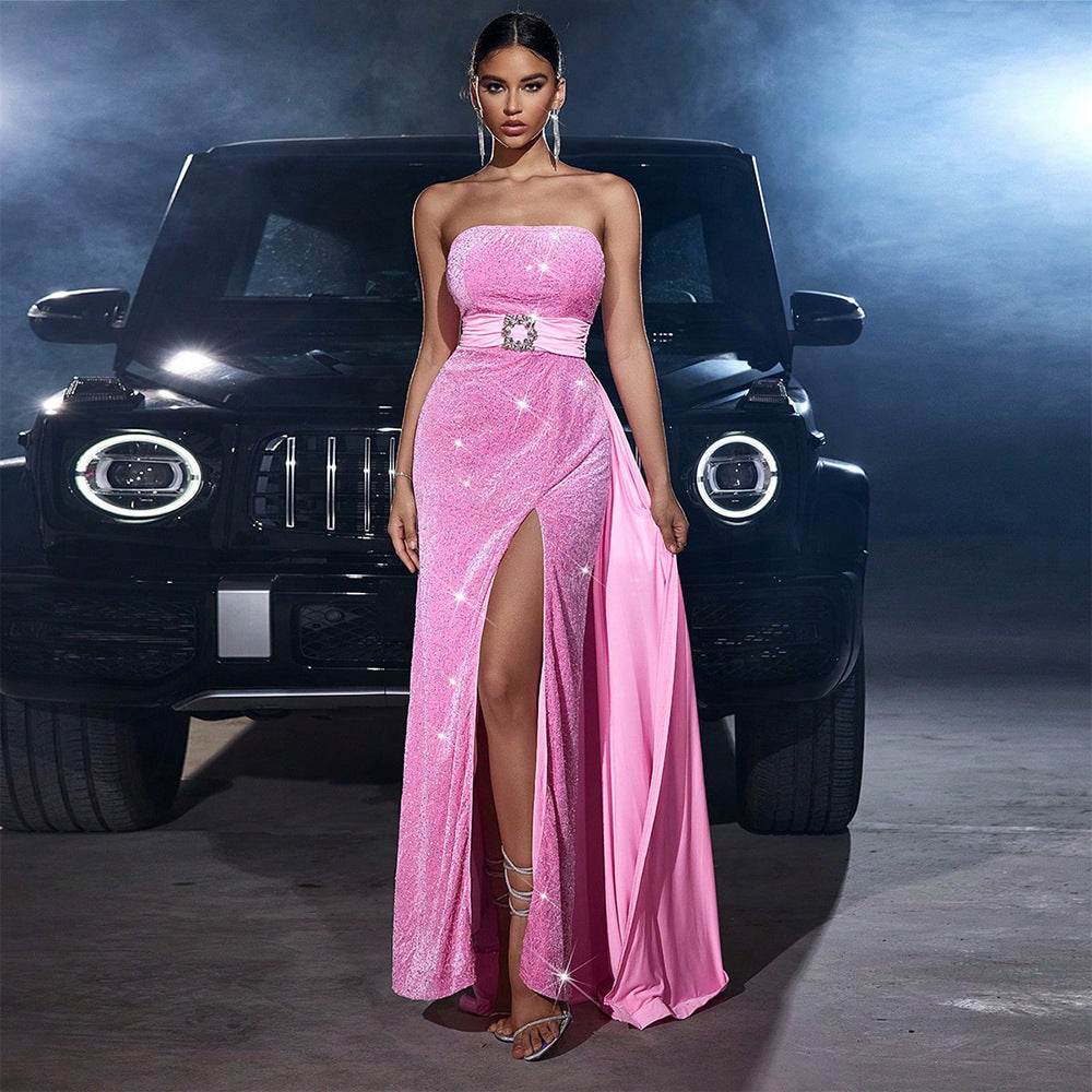 Strapless Sequined Cinched Waist Slim-fit Tube Top Banquet Pink formal Dress - Velora