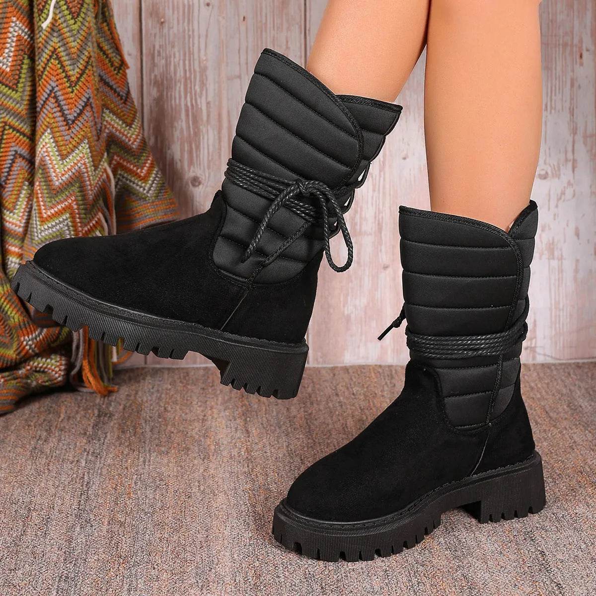 Fashion Mid-calf Snow Boots With Lace-up Design Winter Warm Thickened Low-heeled Boot Women's Casual Shoes Outdoor - Velora