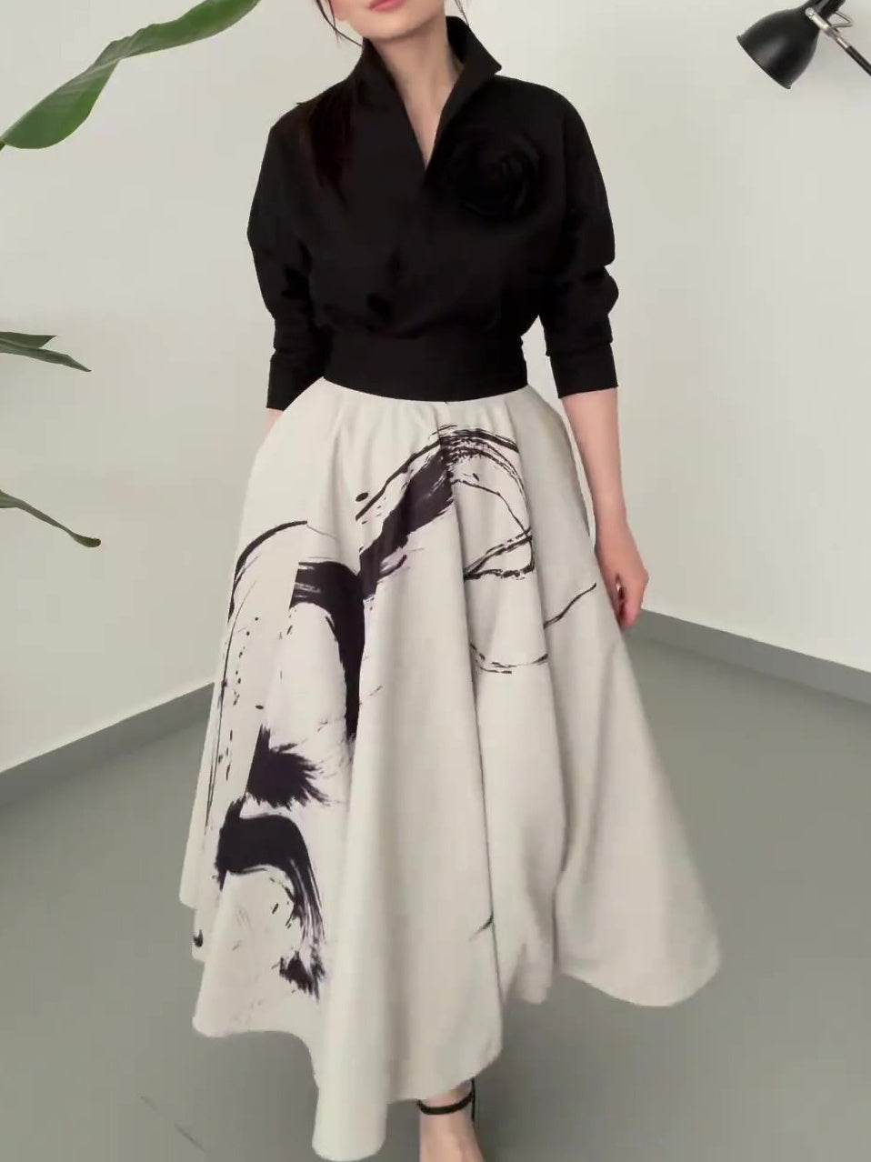 Black Floral Long Sleeve Tie Shirt - Velora