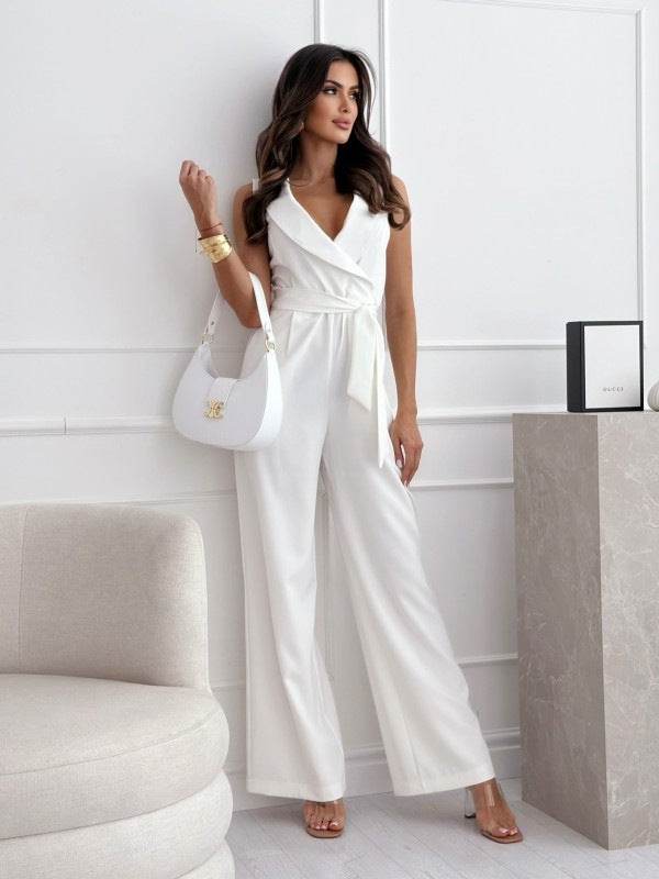 V-neck Sleeveless Jumpsuit With Belt Design Summer Fashion Trousers Women's Clothing - Velora