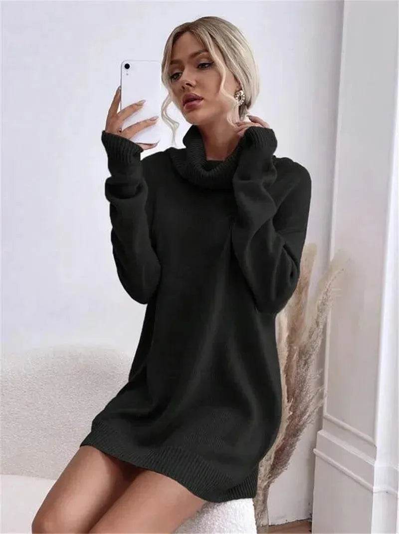 Autumn Winter Solid Cashmere Loose Mini Turtleneck sweater Dress - Velora