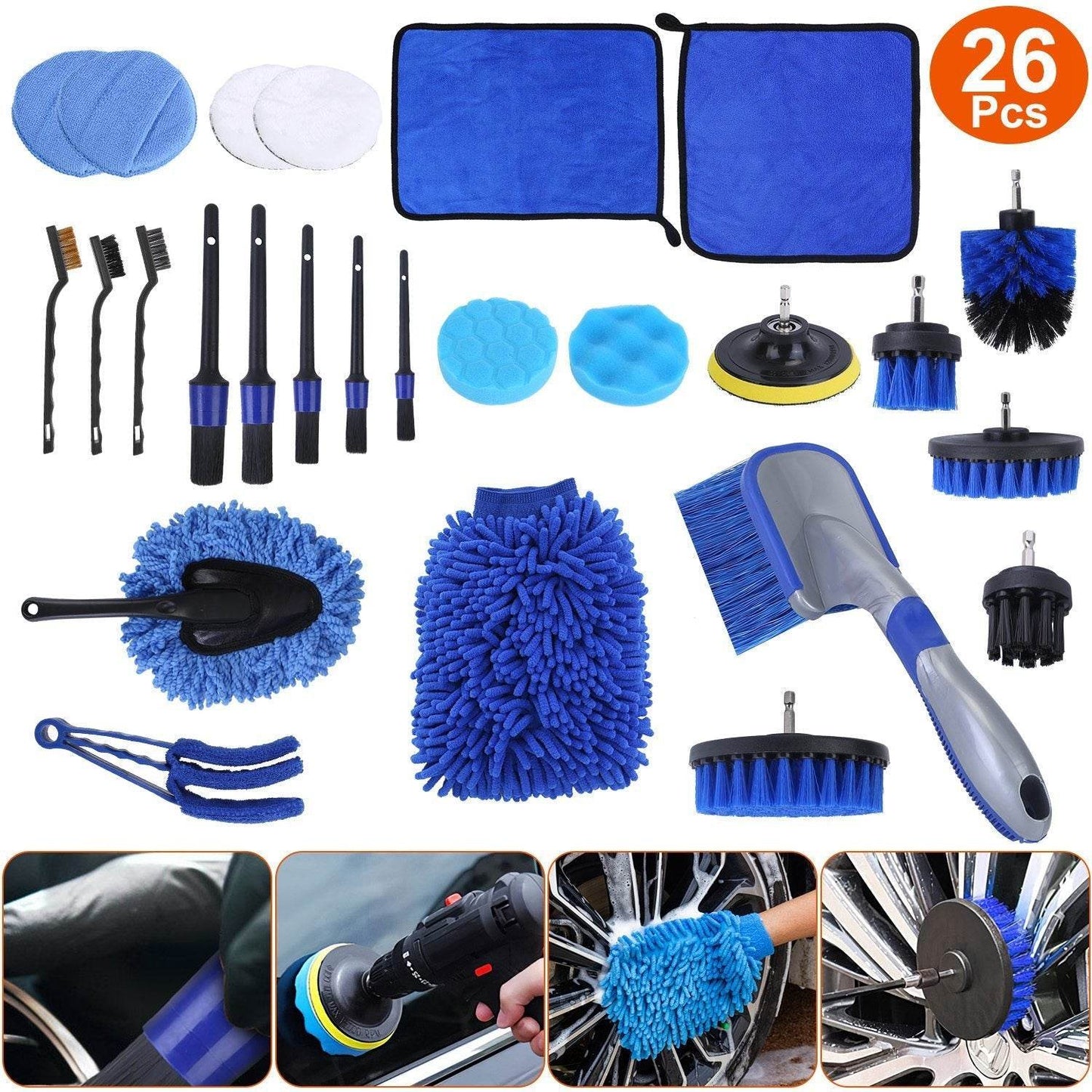 26Pcs Car Detailing Brush Kit Exterior Interior Car Cleaning Set Drill Brush Set Car Buffing Sponge Pads Kit For Cleaning Automobile Interior Exterior Wheels Dashboard - Velora