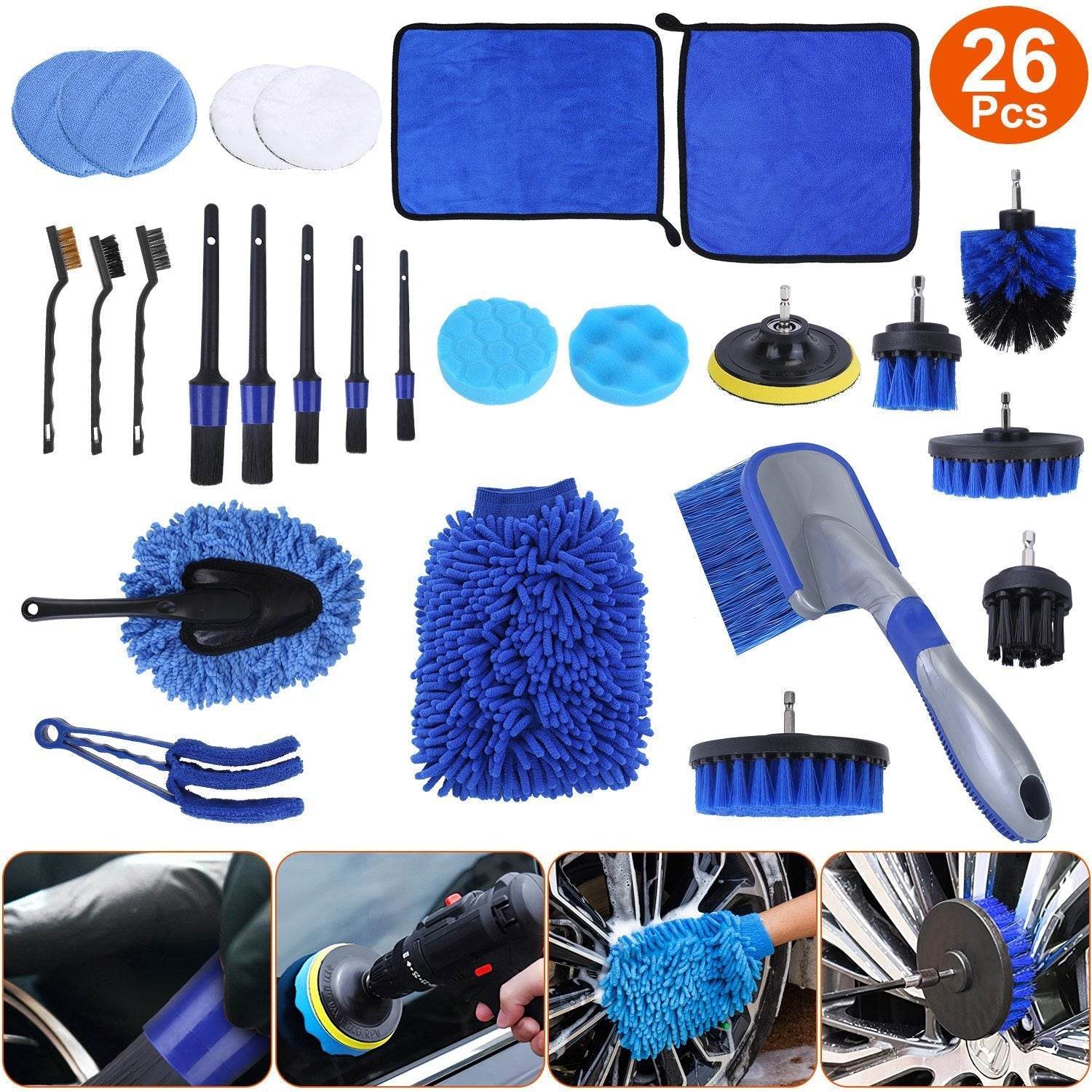 26Pcs Car Detailing Brush Kit Exterior Interior Car Cleaning Set Drill Brush Set Car Buffing Sponge Pads Kit For Cleaning Automobile Interior Exterior Wheels Dashboard - Velora