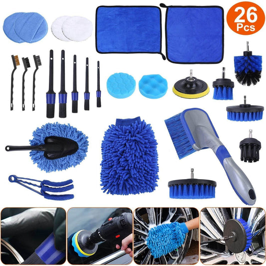 26Pcs Car Detailing Brush Kit Exterior Interior Car Cleaning Set Drill Brush Set Car Buffing Sponge Pads Kit For Cleaning Automobile Interior Exterior Wheels Dashboard - Velora
