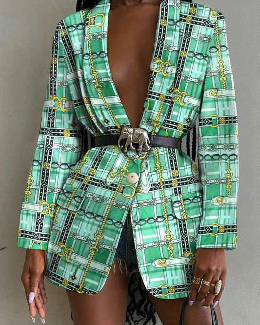 Fashion Printed Shawl Collar Single-breasted Belt Vintage Blazer Women - Velora