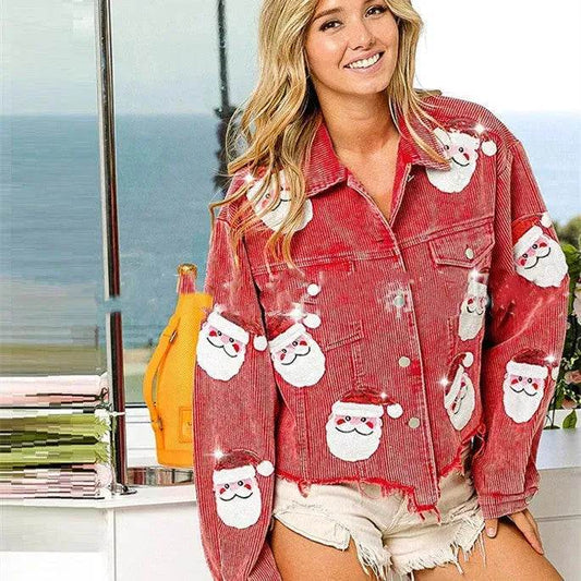 Women Christmas Corduroy Rugby Sequined crop Jacket - Velora