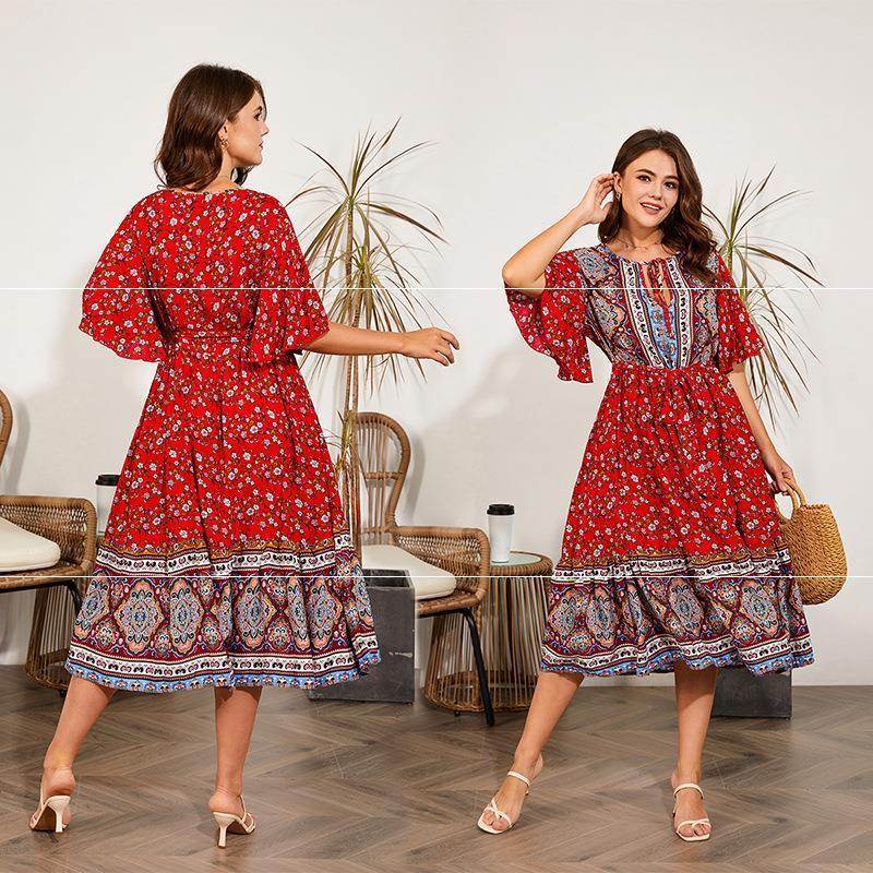 Modest Plus Size Summer dress V Neck Midi Beach boho Dress - Velora