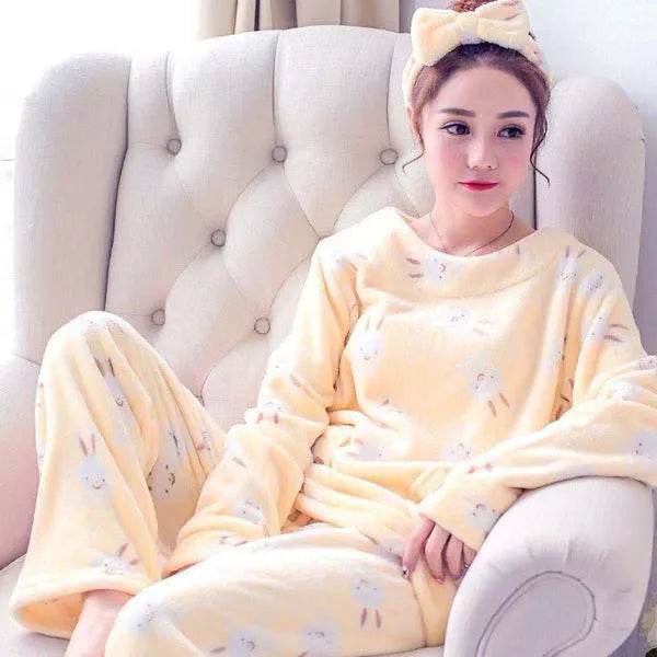 Women Coral Velvet Fleece Pajamas Fall Winter Loungewear Flannel Sleepwear - Velora