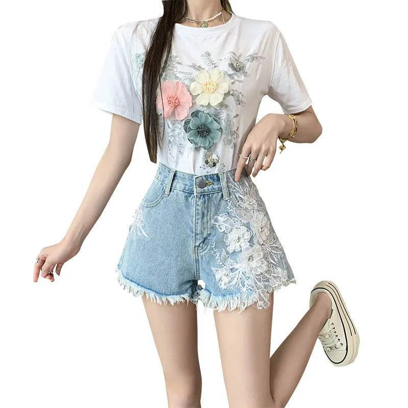 Exquisite Embroidered Flowers Denim Shorts For Women - Velora