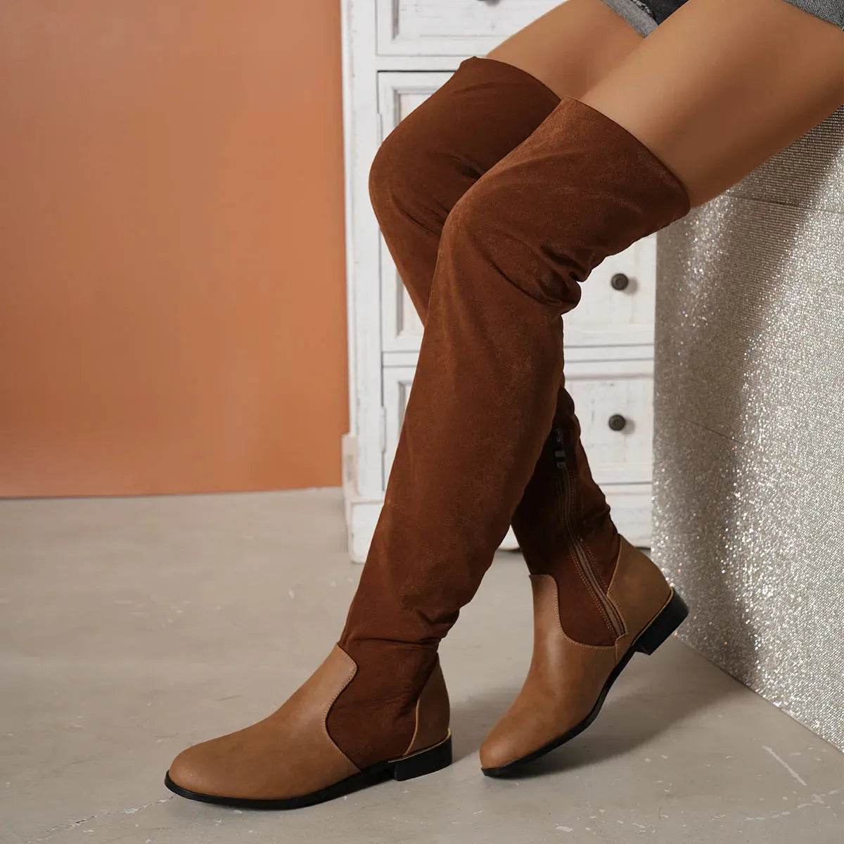 Fashion Over-the-knee Boots For Women Suede Stitching Low-heeled Long Boots With Side Zipper Design Party Shoes Winter - Velora
