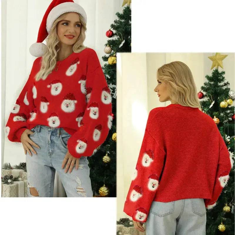 Christmas Sweater Women Cute Cartoon Santa Print Knit Sweater Winter Tops - Velora