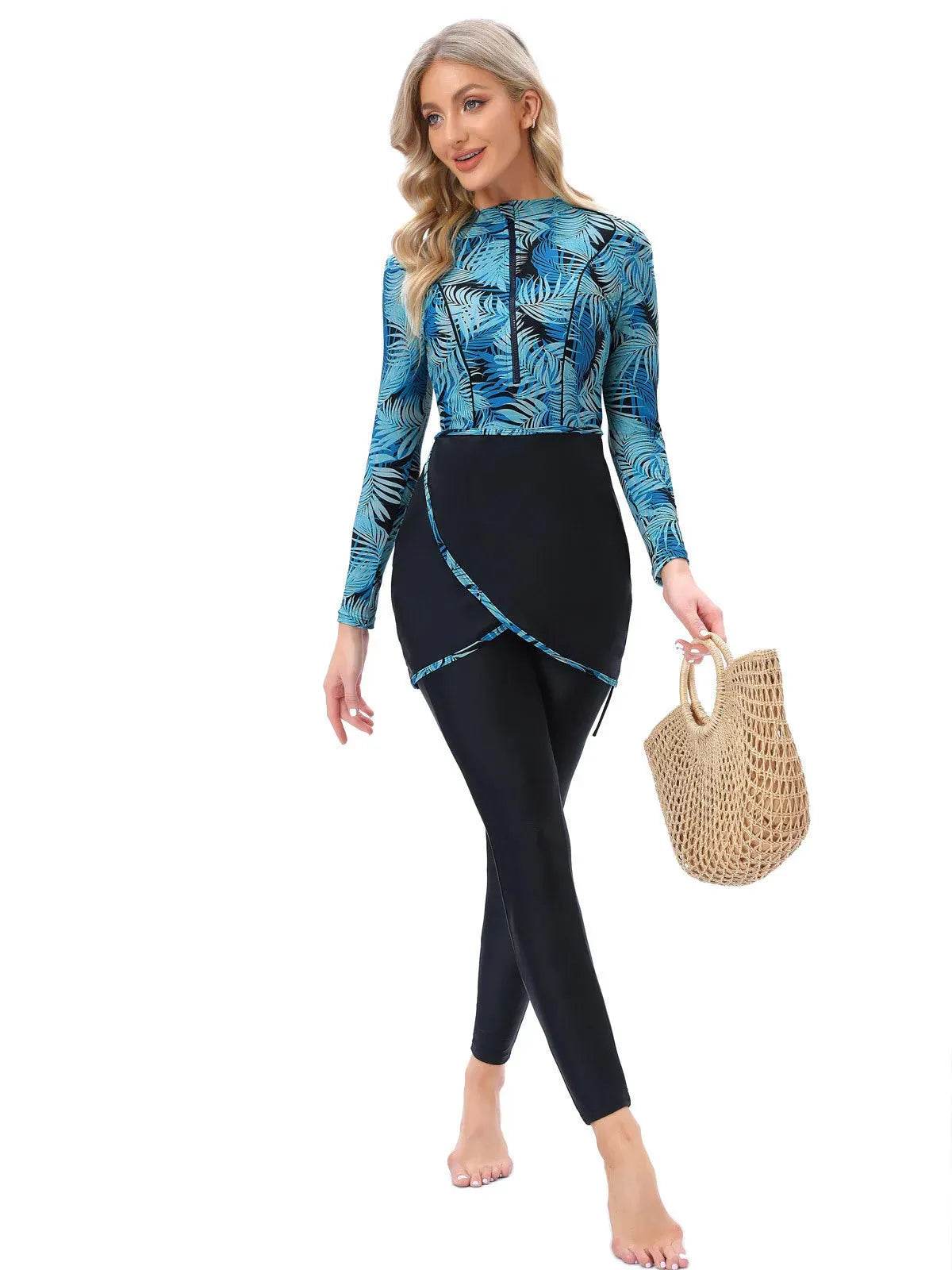 Long Sleeve Zipper ArabSwimsuit With Hat Chest Pad 3 Piece Conservative - Velora