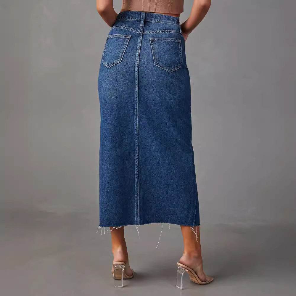 Women's Fashion Slimming front split Midi Denim Skirt - Velora