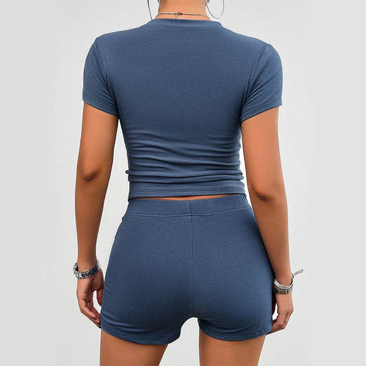 Solid Color Slim Sports Suit Summer 2Pcs Short-sleeved Round Neck T-shirt And Elastic Shorts Fashion Womens Clothing - Velora