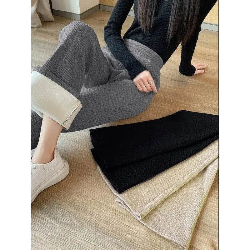 All-matching Straight Casual Fleece And Thick Slightly Flared Wide-leg trouser Pants For Women - Velora
