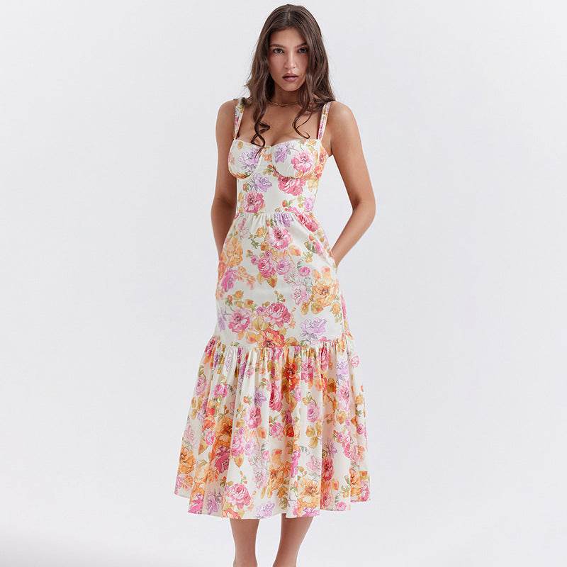 Spring And Summer Comely Pastoral Style Sling Floral A Swing Cake Dress - Velora