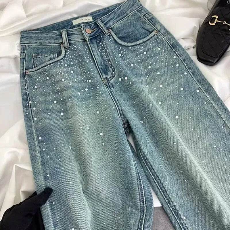 Starry Diamond In The Debris Rhinestone Straight Baggy Jeans Pant For Women - Velora