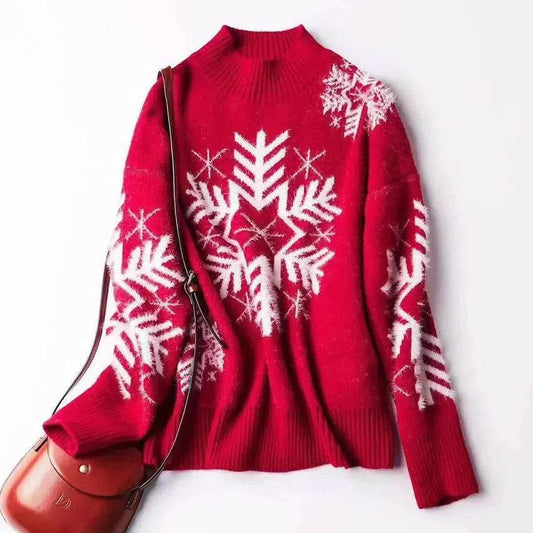 Snowflakes Crewneck Christmas Cashmere Sweater women - Velora