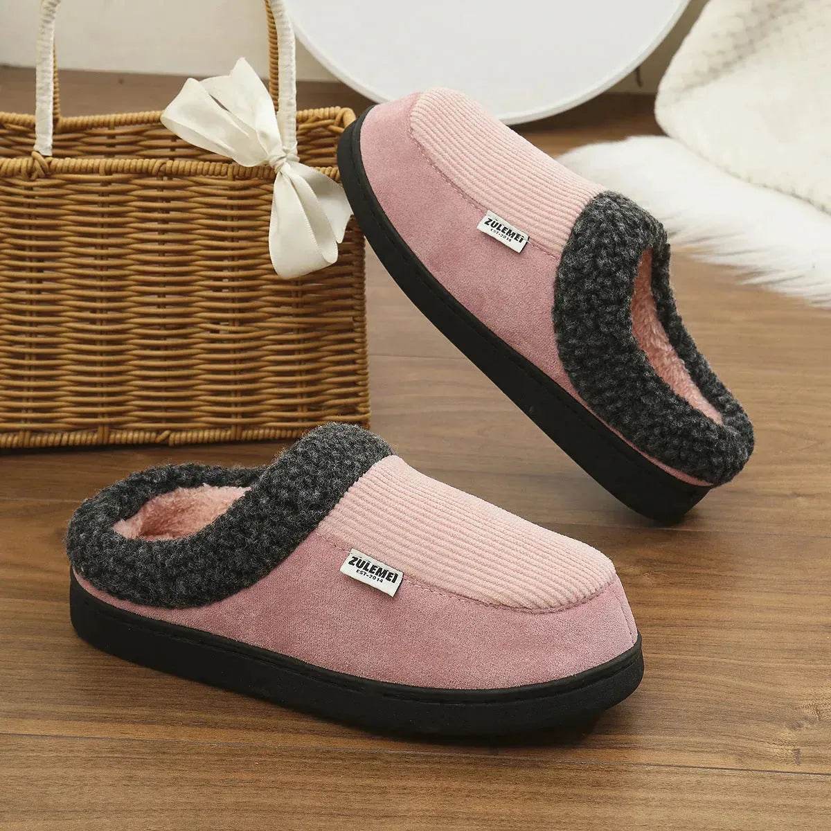 Fashion Solid Striped Cotton Slippers Winter Warm Indoor Bedroom Floor Slipper For Couples Non-slip Thick Sole House Shoes - Velora