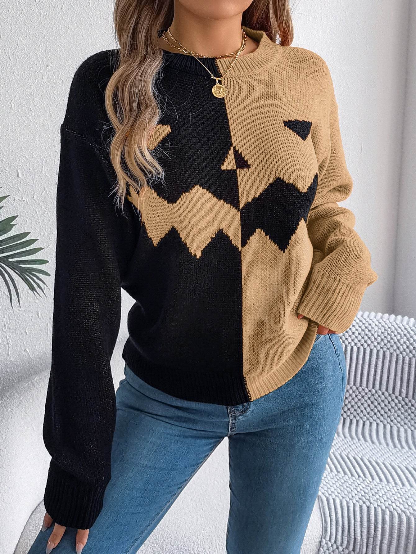 Halloween Contrast-color Pullover Sweater Fashion Long Sleeve Knitted Tops For Womens Clothing - Velora