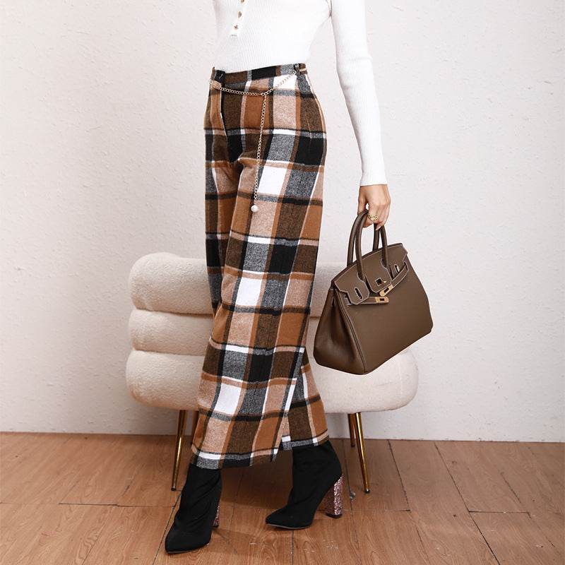 High Waist Casual Trousers Khaki Plaid Straight-leg Pants - Velora