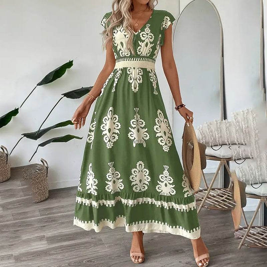 Women's Summer Flowy Maxi Dress Casual Cap Sleeve V Neck Smocked Waist Beach Sundress - Velora