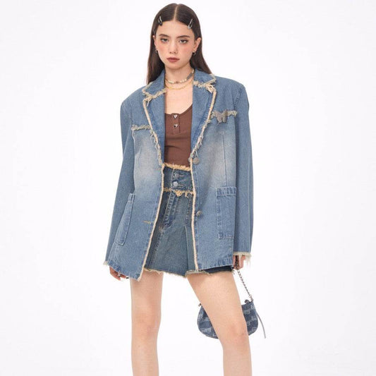 Loose Denim Jacket Polo Collar Single-Breasted Design - Velora