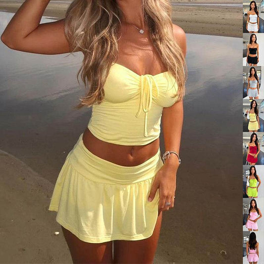 Women's Suits Summer Sleeveless Tube Top And Pleating Skirt Y2K Hot Girl Mid-length Dress Set - Velora