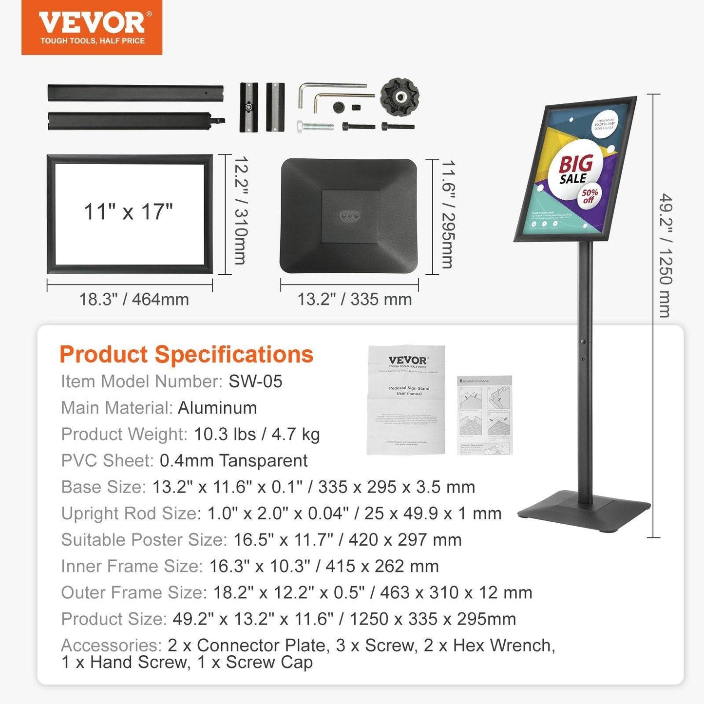 Pedestal Sign Holder, 11 X 17 Inch Vertical And Horizontal Adjustable Poster Stand, Heavy-Duty Floor Standing Sign Holder With Metal Base For Display, Advertisement, And Outdoor, Black - Velora