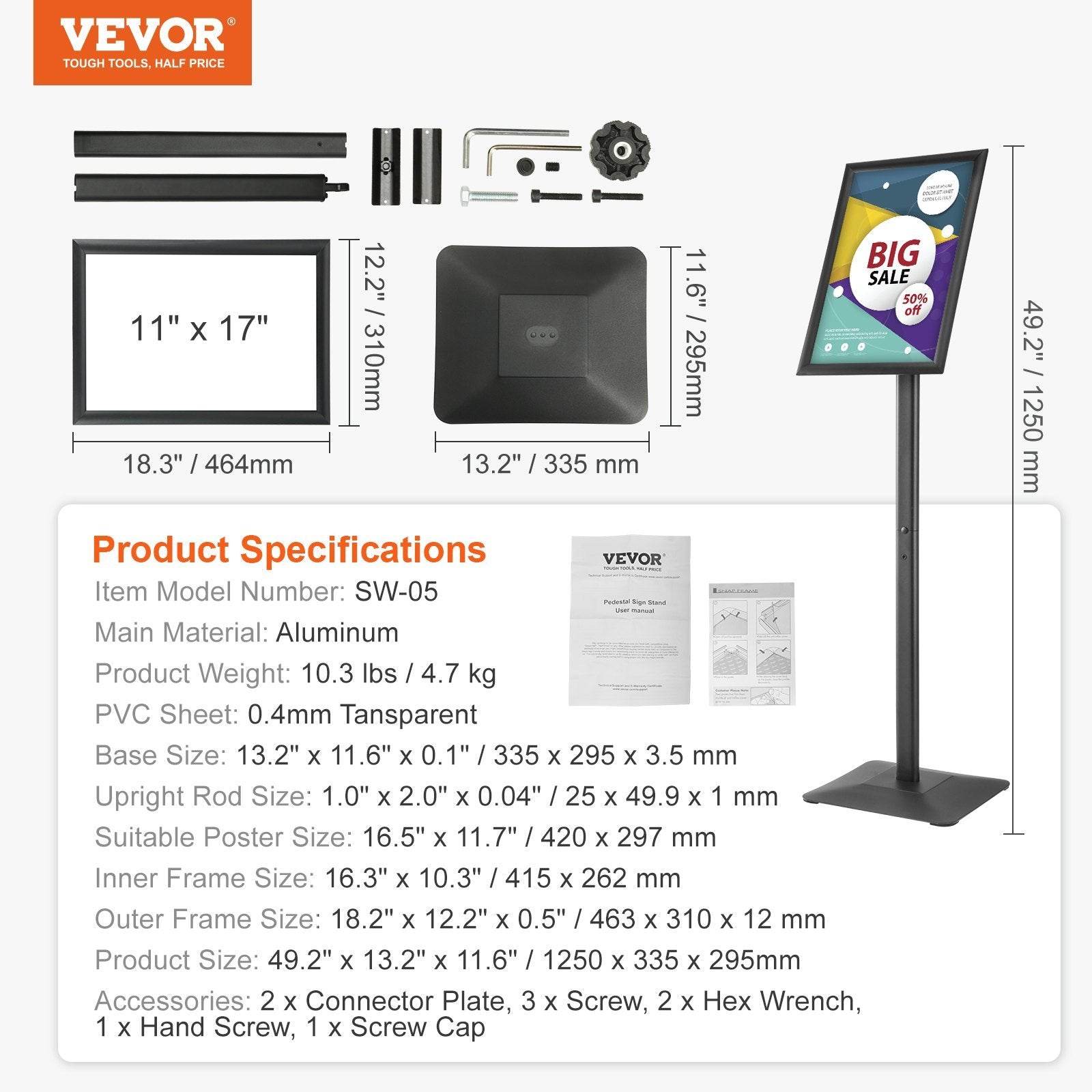 Pedestal Sign Holder, 11 X 17 Inch Vertical And Horizontal Adjustable Poster Stand, Heavy-Duty Floor Standing Sign Holder With Metal Base For Display, Advertisement, And Outdoor, Black - Velora