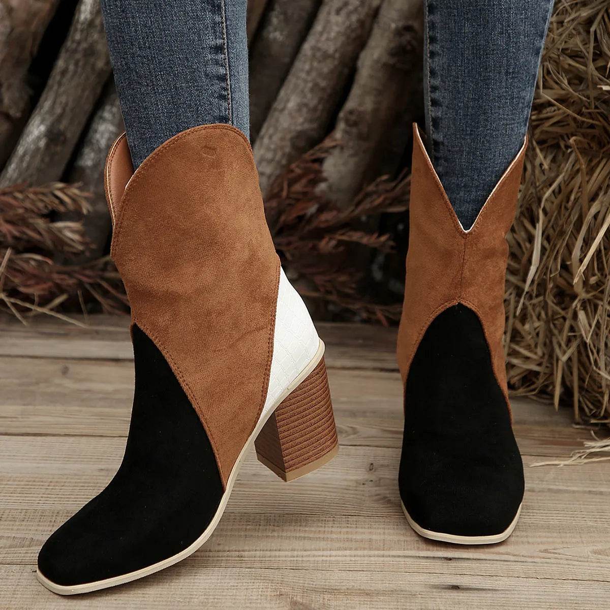 Fashion Splicing Suede Boots Retro Pointed-toe Square High Heel Mid-calf Boots For Women Fall And Winter Shoes - Velora