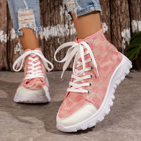 Rose-printed Lace-up Boots Fashion Breathable Canvas Shoes Sports Casual Non-slip Thick-soled Short Boot For Women - Velora