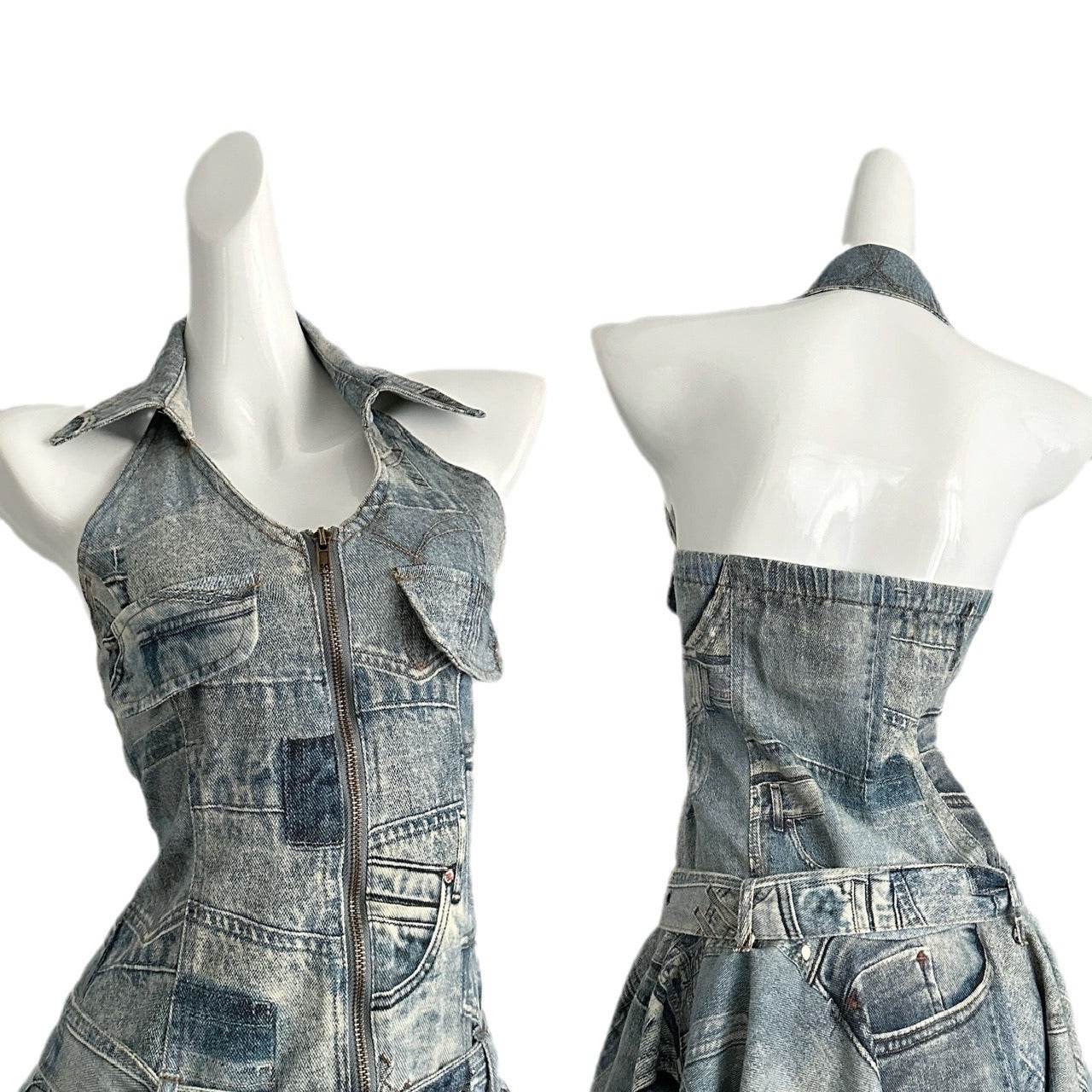 Waist-tight Halter Denim Dress Women's Distressed Retro Slimming Skirt - Velora