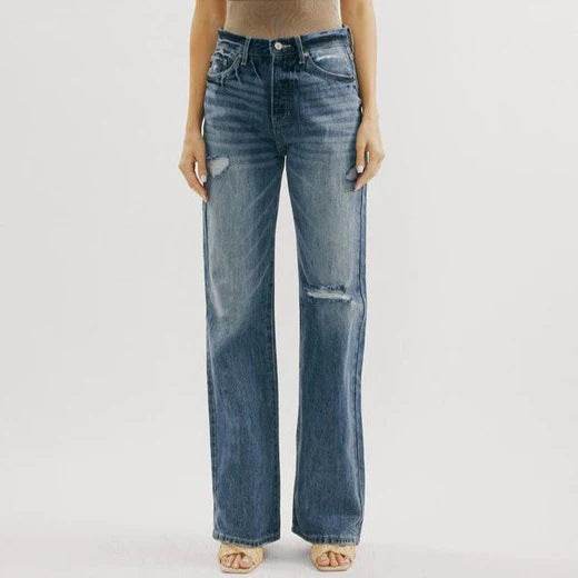 Blue Jeans Pant women Mid waist Denim Wide Leg Denim Pant - Velora