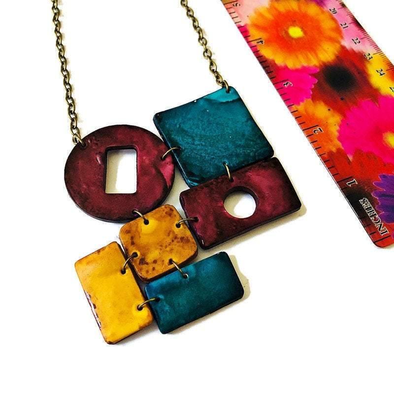 Geometric Statement Necklace in Maroon Teal & Mustard Yellow - Velora Luxury Fashion