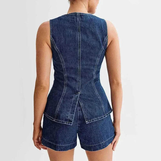 Fashion Denim Suit Summer Casual Sleeveless Button Vest Top And High Waist Shorts Set For Women - Velora