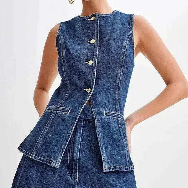 Fashion Denim Suit Summer Casual Sleeveless Button Vest Top And High Waist Shorts Set For Women - Velora