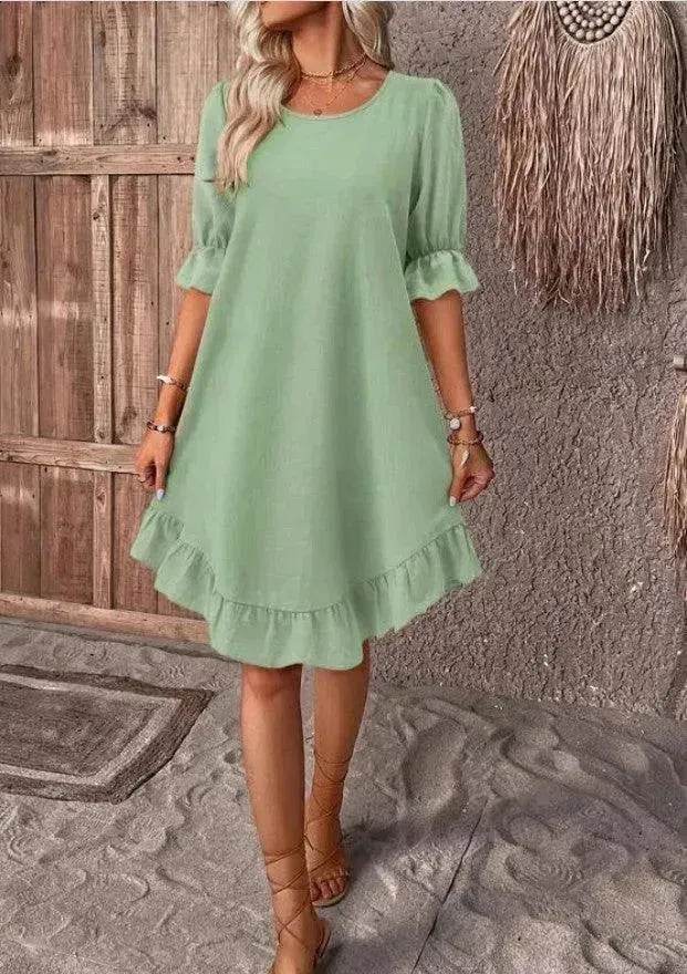 Fashion Ruffle Short-sleeved Dress Summer Solid Color Round Neck Loose Midi Straight Dress for Women. - Velora