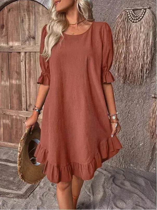 Fashion Ruffle Short-sleeved Dress Summer Solid Color Round Neck Loose Midi Straight Dress for Women. - Velora