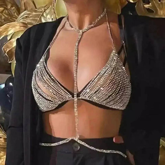 Fashion Shiny Rhinestone Body Chain Women Bikini Bra for Exotic Dance - Velora