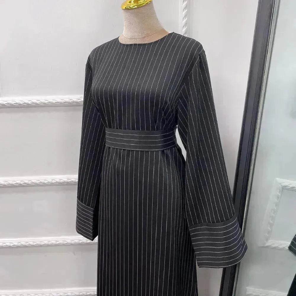 Fashionable Stripe Tunneled Abaya Dress for Elegant Arab Dubai Turkey Middle Eastern women. - Velora
