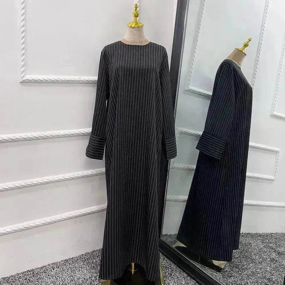 Fashionable Stripe Tunneled Abaya Dress for Elegant Arab Dubai Turkey Middle Eastern women. - Velora