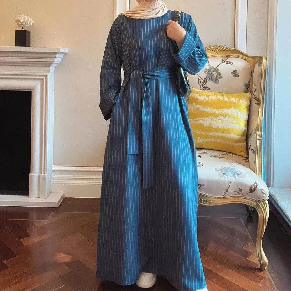 Fashionable Stripe Tunneled Abaya Dress for Elegant Arab Dubai Turkey Middle Eastern women. - Velora