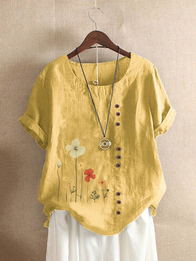 Casual Summer Beach Cotton And Linen Printed Elegant Short Sleeve blouse Top Women - Velora