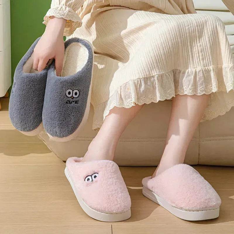 Cute Cartoon Big-eyes Slippers For Couples Winter Warm Non-slip Floor Bedroom Slipper Home Men And Women House Shoes - Velora