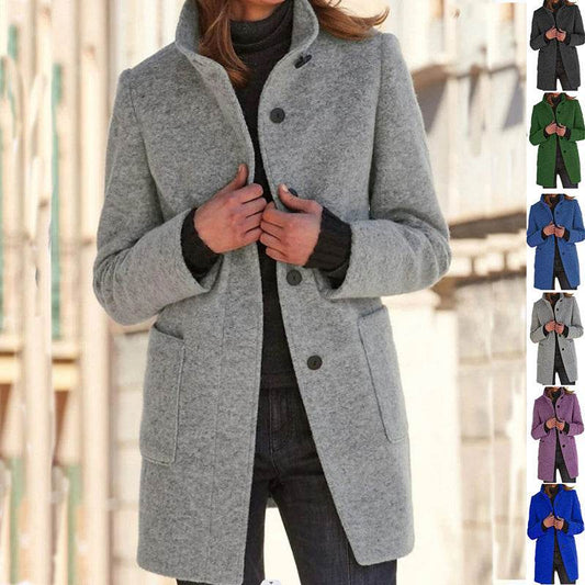 Fashion Stand Collar Woolen Coat With Pockets Fall Winter Casual Button Outwear For Women Clothing - Velora