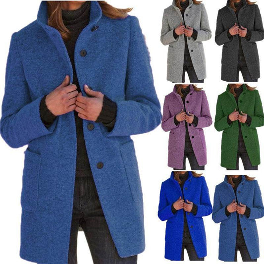Fashion Stand Collar Woolen Coat With Pockets Fall Winter Casual Button Outwear For Women Clothing - Velora