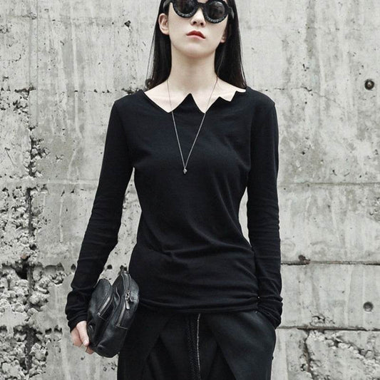 Long Sleeve Top Serrated Irregular Collar Base - Velora