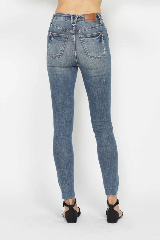 Judy Blue Full Size Tummy Control Vintage Wash Hem Destroy Skinny Jeans - Velora