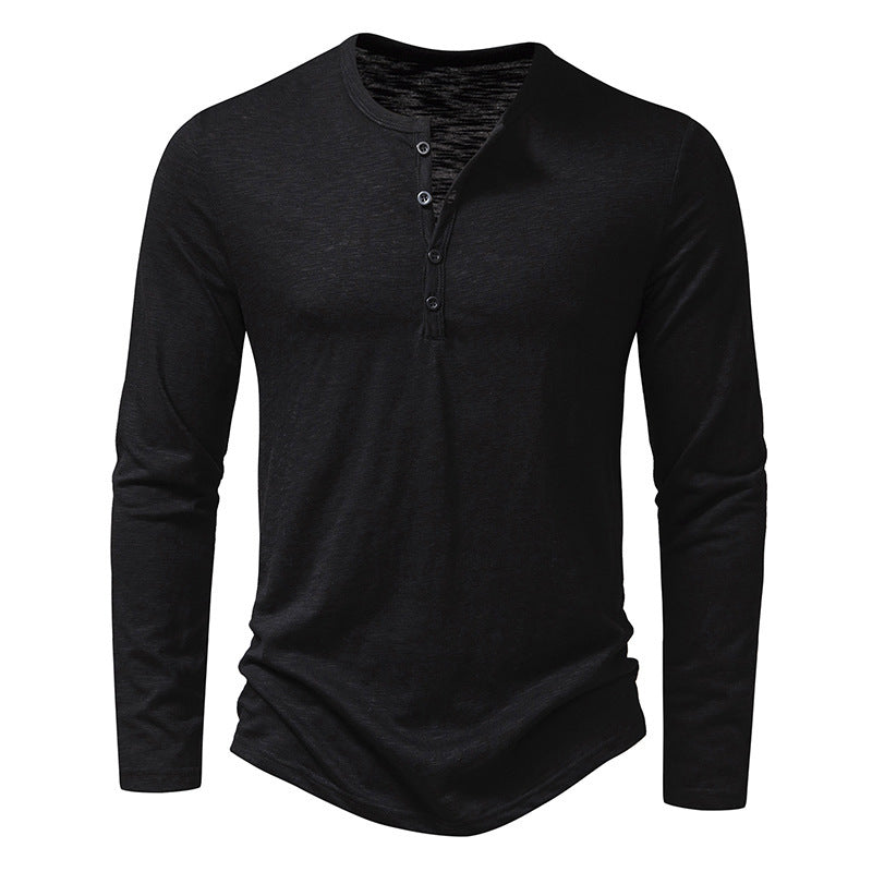 Men's Long-sleeved T-shirt Fashion Casual Solid Color Pullover Button Top Autumn And Spring Clothing Velora